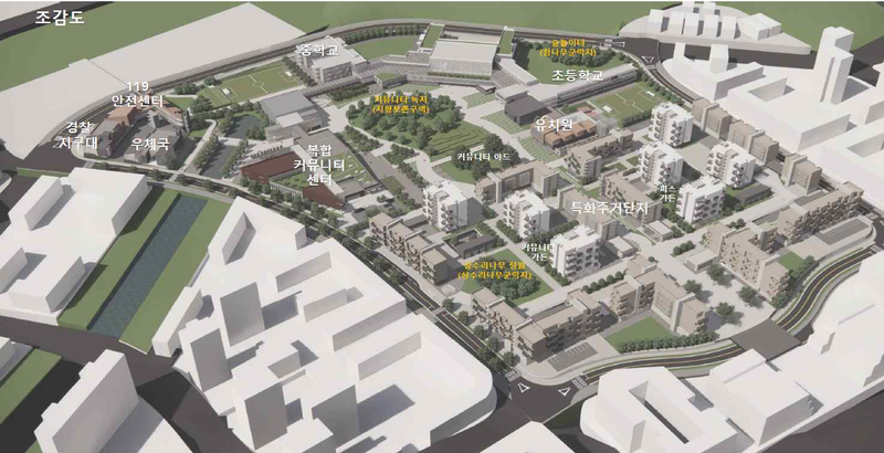 복합커뮤니티단지(학교·공원·복컴)에 상가와 주거를 결합한 다솜동(5-2생활권) 공공시설복합단지 조감도. 행복청 제공