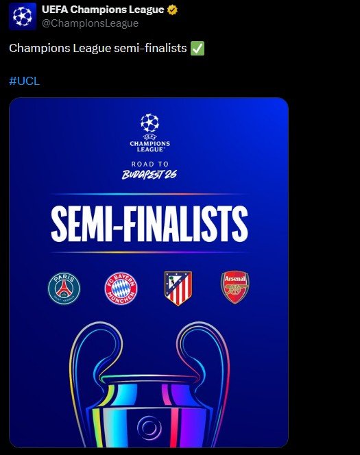 [서울=뉴시스] 2025~2026시즌 유럽축구연맹(UEFA) 챔피언스리그(UCL) 4강에 진출한 파리 생제르맹(PSG), 바이에른 뮌헨, 아틀레티코 마드리드, 아스널. (사진=UCL SNS 캡처) 2026.04.16. photo@newsis.com *재판매 및 DB 금지