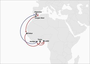 HMM의 MA2(Mediterranean West Africa) 서비스. HMM 제공