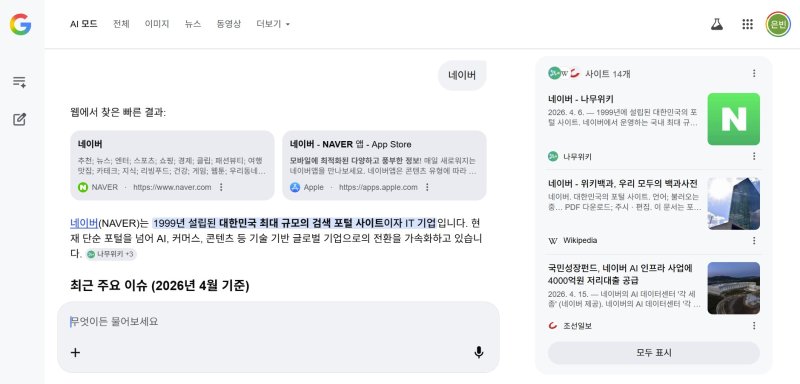 구글에 '네이버'를 검색하자 AI 개요에 나무위키 문서를 출처로 제시한 결과가 표출됐다. (구글 AI 개요 갈무리)