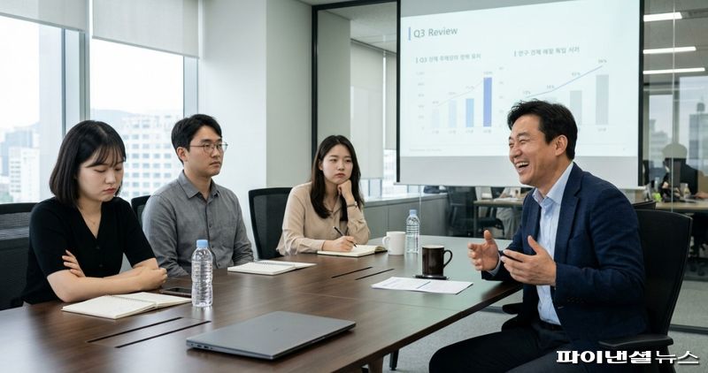 40대 직장 상사가 회의 중 크게 웃고 있다. 사진은 기사 이해를 돕기 위해 AI로 생성한 이미지