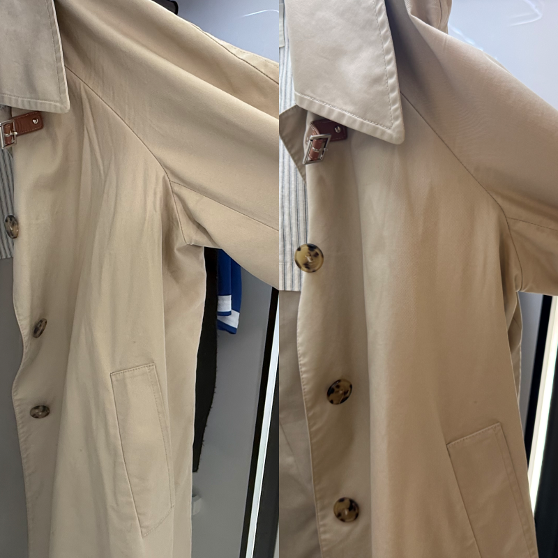 삼성전자 2026년형 비스포크 AI 에어드레서에 탑재된 주름집중케어 기능을 활용하자 두께감 있는 자켓 주름 대다수가 사라졌다. 사진=임수빈 기자