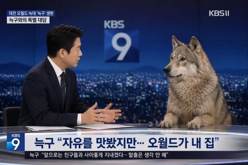 늑구가 뉴스에 출연한 이미지가 온라인에서 퍼지고 있다. 출처=SNS