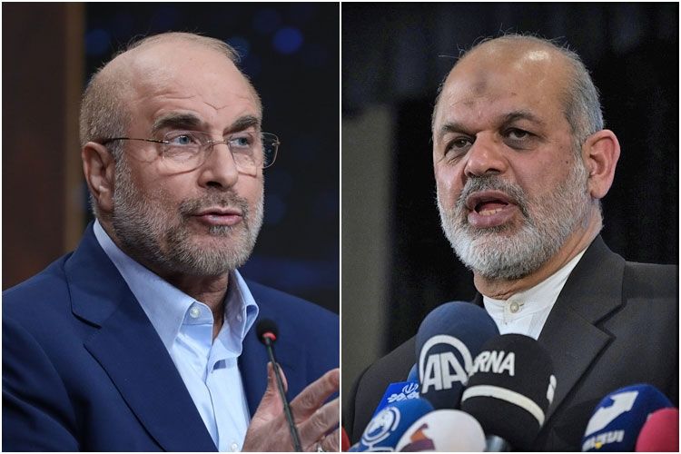 모하마드 바게르 갈리바프 이란 국회의장(왼쪽)과 아흐마드 바히디 이란 이슬람혁명수비대(IRGC) 총사령관.연합뉴스