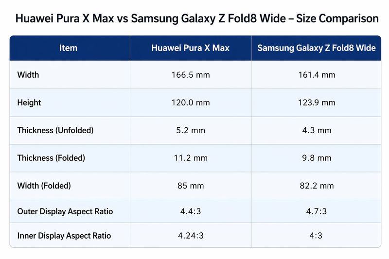 화웨이 퓨라 X 맥스 vs 삼성 갤럭시 Z 폴드 8 와이드(예상) 크기 비교. 아이빙저우 제공