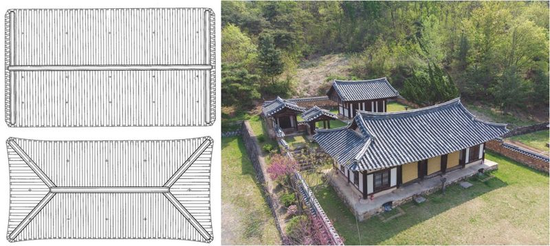 스타벅스 대구종로고택점의 신축 한옥은 맞배지붕(왼쪽 위) 형태다. 고택 건물은 맞배지붕과 우진각지붕(왼쪽 아래)을 결합한 형태인 팔작지붕(오른쪽)이다. /사진=한국민속대백과사전