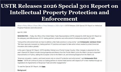 미국 무역대표부(USTR)가 4월 30일(현지시간) 공개한 지식재산권 관련 보고서 보도자료.연합뉴스