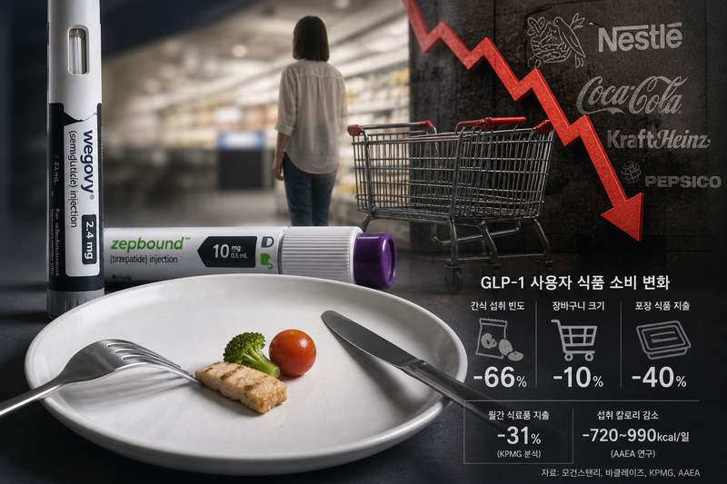 식욕 억제 효과를 지닌 GLP-1 계열 비만 치료제 확산으로 소비자 식사량과 식품 구매가 감소하고 있다. 챗GPT 생성이미지