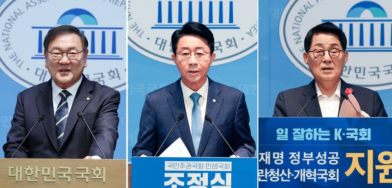 22대 국회 후반기 국회의장 선거에 출사표를 던진 더불어민주당 김태년(왼쪽부터, 기자회견 시간 순), 조정식, 박지원 의원이 각각 4일 서울 여의도 국회 소통관에서 출마 기자회견을 하고 있다. 뉴시스