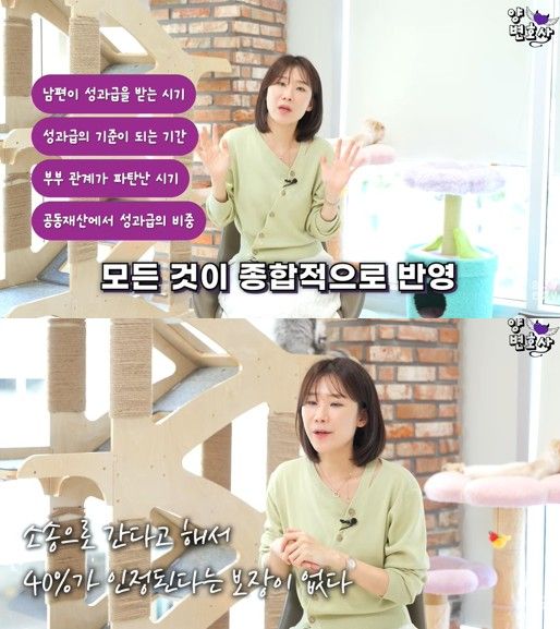 [서울=뉴시스] 양나래 변호사는 성과급 수령 시기와 부부 관계의 실질적 파탄 시점 등 여러 요소를 종합적으로 고려해야 한다고 강조했다. (사진 출처=유튜브 '양나래 변호사' 캡처)