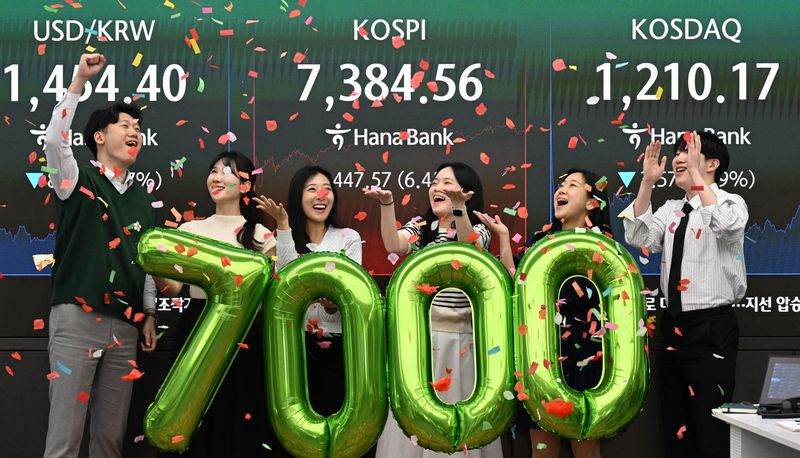 [서울=뉴시스] 홍효식 기자 = 코스피가 7,300선을 넘겨 7,384.56에 마감한 6일 오후 서울 중구 하나은행 딜링룸에서 직원들이 세리머니를 하고 있다.코스피는 전 거래일(6936.99)보다 447.57포인트(6.45%) 오른 7384.56, 코스닥 지수는 전 거래일(1213.74)보다 3.57포인트(0.29%) 하락한 1210.17에 거래를 마쳤다. 서울 외환시장에서 원·달러 환율은 전 거래일(1462.8원)보다 7.7원 내린 1455.1원에 주간 거래를 마감했다. (공동취재) 2026.05.06. photo@newsis.c