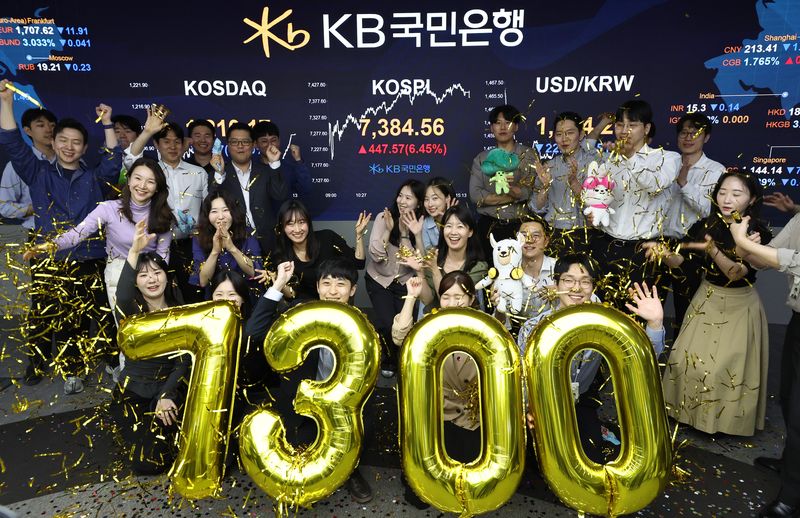 [서울=뉴시스] 김금보 기자 = 코스피가 사상 처음으로 7000선을 돌파해 7384.56으로 마감한 6일 오후 서울 서울 영등포구 여의도 KB국민은행 스마트딜링룸에서 직원들이 종가 7300선 마감을 기념하고 있다.코스피는 전 거래일(6936.99)보다 447.57포인트(6.45%) 오른 7384.56에, 코스닥 지수는 전 거래일(1213.74)보다 3.57포인트(0.29%) 하락한 1210.17에 거래를 마쳤다. 서울 외환시장에서 원·달러 환율은 전 거래일(1462.8원)보다 7.7원 내린 1455.1원에 주간 거래를 마감했다. 2