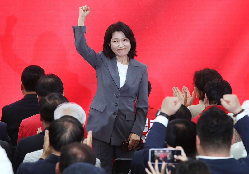 이진숙 전 방통위원장이 3일 오후 추경호 대구시장 후보 선거사무소 개소식에서 인사하고 있다. 2026.5.3 ⓒ 뉴스1 공정식 기자