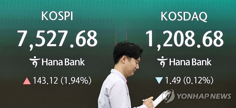 코스피, 7,500 돌파하며 장중 최고치 (출처=연합뉴스)