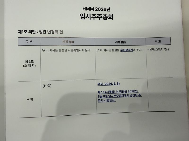 8일 여의도 파크원 타워1에서 열린 HMM 2026년 임시주주총회 의안설명서. 사진=강구귀 기자
