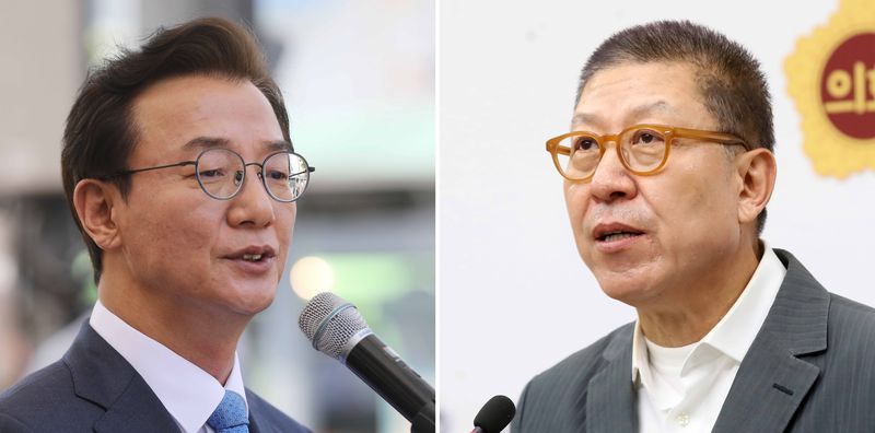전재수 더불어민주당 부산시장 후보(왼쪽)와 박형준 국민의힘 부산시장 후보가 지난 4월 27일 구포시장에서 열린 '북구 주민 감사 인사' 행사와 부산시의회 브리핑룸에서 열린 6·3 지방선거 부산시장 출마 선언 기자회견에서 각각 발언을 하고 있다. 2026.4.27 ⓒ 뉴스1 윤일지 기자