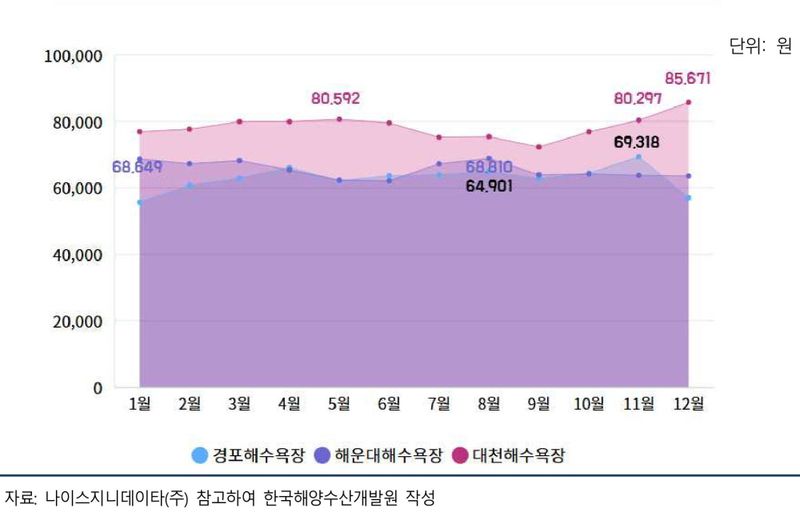 2024년 기준, 전국 3대 해수욕장의 월별 방문객 1인당 평균 소비금액 추이 그래프.
