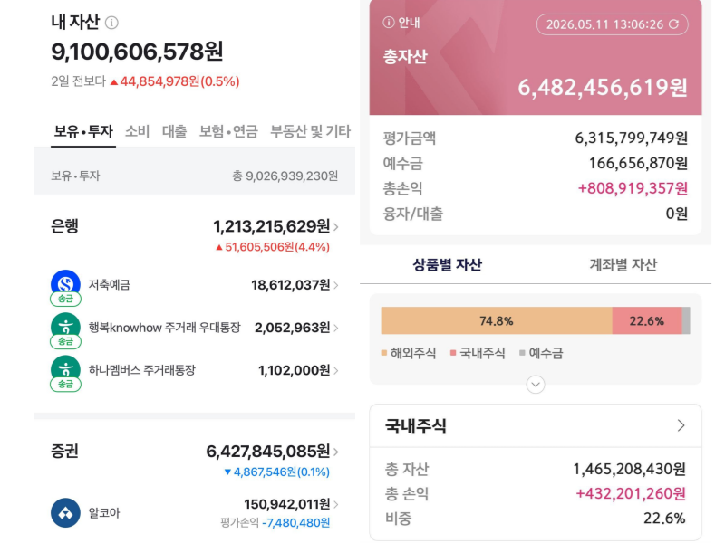 A씨가 함께 공개한 증권 계좌 상세 내역. 국내 주식 비중이 22.6%, 해외 주식이 74.8%를 차지하고 있다. /사진=블라인드