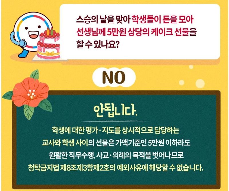"학생에 대한 평가 지도 담당하는 교사와 학생 사이 선물은 안돼" (출처=연합뉴스)