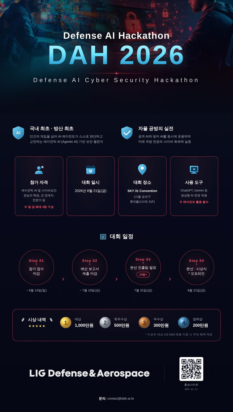 에이전틱 AI 공방 해커톤 대회(DAH, Defense AI Cyber Security Hackathon) 포스터. LIG D&A 제공