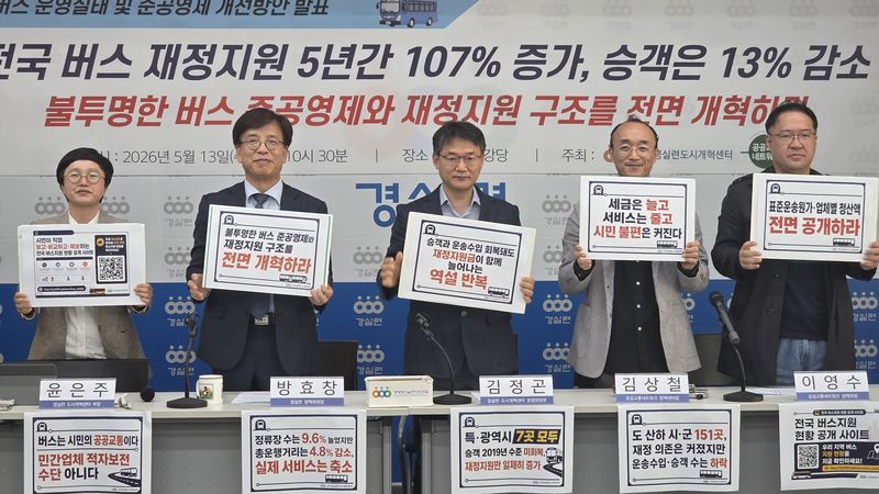 13일 서울 종로구 경제정의실천시민연합 강당에서 '전국 버스 운영실태 및 준공영제 개선방안' 기자회견이 열리고 있다. 경실련 제공