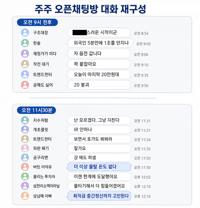 한 코스피 종목 주주들이 모인 익명 오픈채팅방 대화를 AI로 재구성한 이미지. 5월 13일 오전 9시 장 개장 전후부터 낮 12시께까지 매수·매도 타이밍, 추가 매수, 손실 만회 등을 둘러싼 대화가 이어졌다.