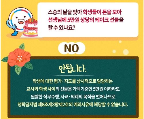 "학생에 대한 평가 지도 담당하는 교사와 학생 사이 선물은 안돼" (출처=연합뉴스)