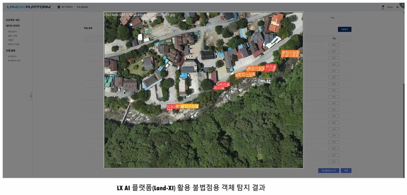 LX AI 플랫폼(Land-XI)을 활용한 하천·계곡 내 불법 점용시설 탐지 결과 화면. LX 제공