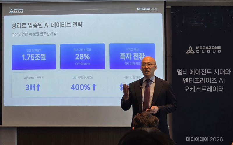 [서울=뉴시스]오동현 기자 = 염동훈 메가존클라우드 대표는 14일 서울 롯데호텔에서 기자간담회를 열고 '멀티 에이전트 시대와 엔터프라이즈 AI 오케스트레이터' 전략을 발표했다. odong85@newsis.com