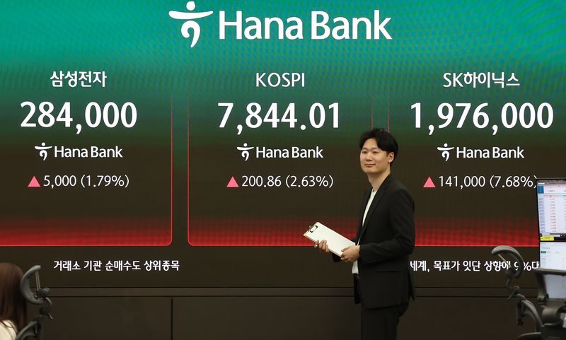 13일 오후 서울 중구 하나은행 본점 딜링룸 전광판에 코스피 지수, 삼성전자, SK하이닉스 종가가 표시되고 있다. 2026.5.13 ⓒ 뉴스1 김도우 기자