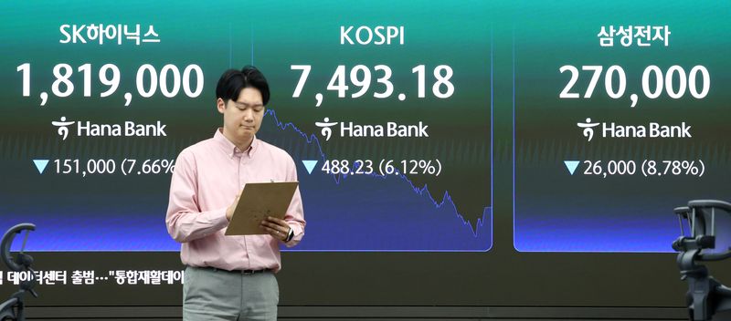 [서울=뉴시스] 전신 기자 = 사진은 지난 15일 서울 중구 하나은행 딜링룸 전광판에 코스피와 삼성전자, SK하이닉스 주가 등이 표시돼 있는 모습. 2026.05.15. photo1006@newsis.com