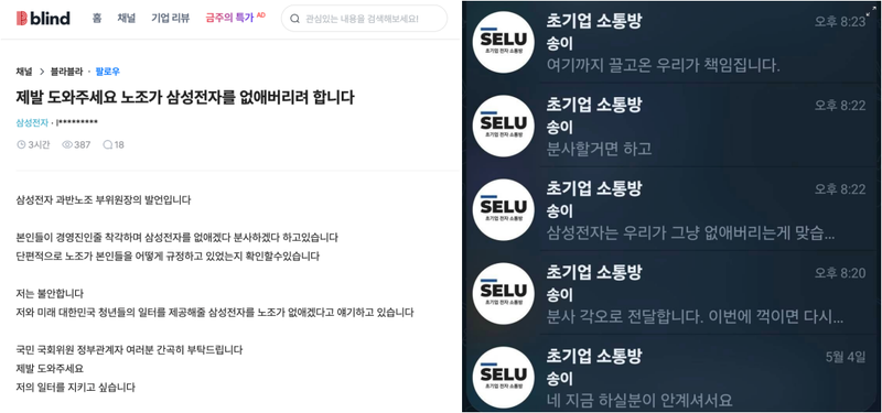 17일 직장인 익명 커뮤니티 블라인드에 삼성 초기업노조 집행부의 내부 텔레그램 대화방에서 나눈 메시지가 캡처된 채 공유됐다. /사진=블라인드 캡처