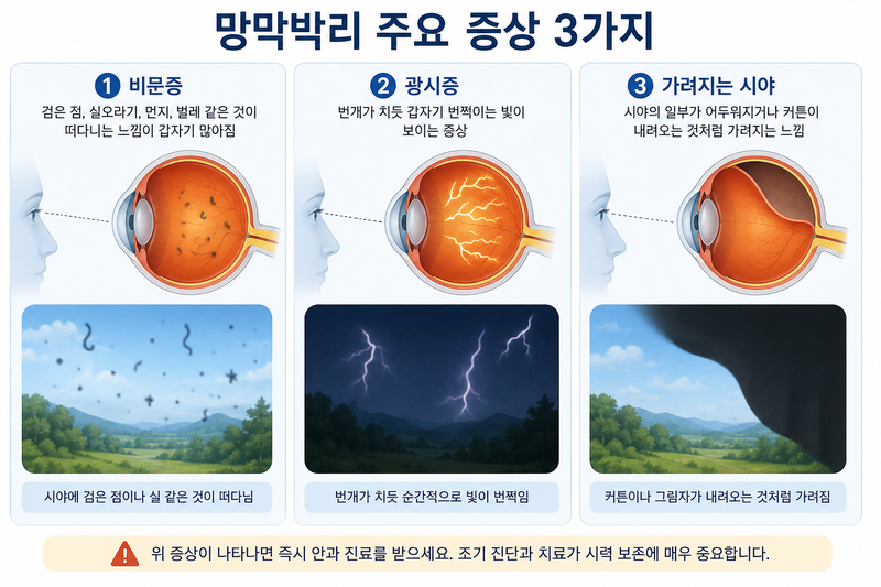 망막박리의 3대 전조증상인 비문증·광시증·시야장애를 정리한 AI 생성 이미지. 세 증상 중 하나라도 갑자기 나타나면 즉시 안과 검진을 받아야 한다. /사진=ChatGPT