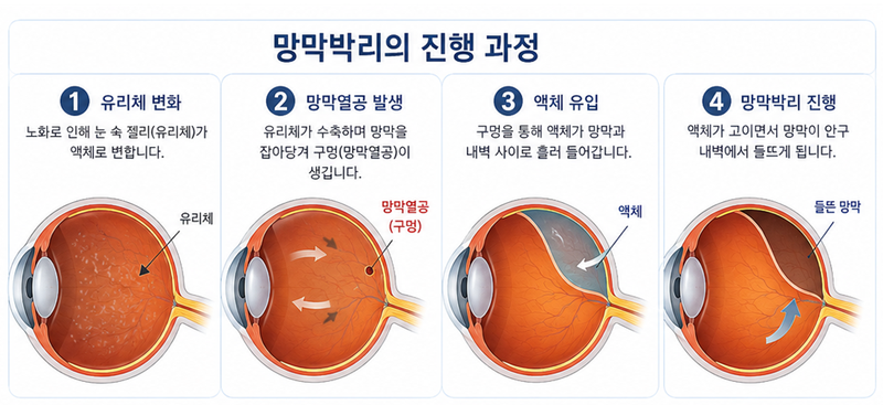 망막박리가 유리체 변화부터 망막이 들뜨기까지 진행되는 과정을 단계별로 정리한 AI 생성 이미지. /사진=ChatGPT