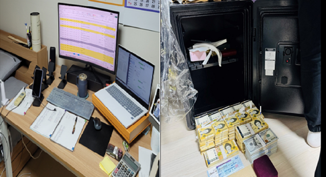 지난달 10일 서울 마포경찰서는 대부업법 및 채권추심법 위반 혐의를 받는 일당 8명을 검거해 이 중 업장 대표와 총괄 관리자, 콜센터 담당, 수금책 등 4명을 구속 송치하고 나머지 4명은 불구속 송치했다. 사진은 일당이 사용한 업무용 PC와 1억6000만원 가량의 현금 다발. 마포경찰서 제공.