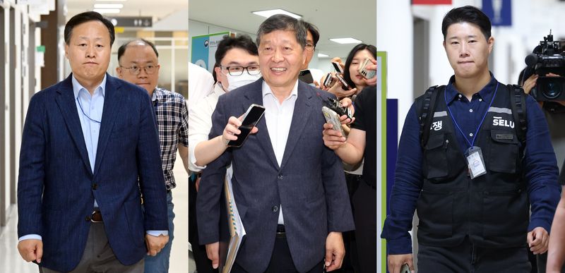 삼성전자 사측 대표교섭위원인 여명구 DS(반도체 부문) 피플팀장(왼쪽부터), 박수근 중앙노동위원장, 최승호 삼성그룹 초기업노동조합 삼성전자지부 위원장이 총파업 예고 시한을 이틀 앞둔 19일 정부세종청사 중앙노동위원회에서 열린 2차 사후조정 최종회의에 참석하고 있다. (공동취재) 2026.5.19 ⓒ 뉴스1 오대일 기자
