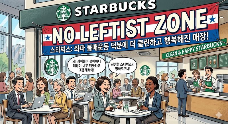스타벅스 매장에 '좌파 출입 금지(NO LEFTIST ZONE)' 배너를 합성해 불매 운동을 조롱한 이미지. 해당 이미지는 '멸공벅스'라는 이름으로 확산하고 있다. /사진=온라인 커뮤니티