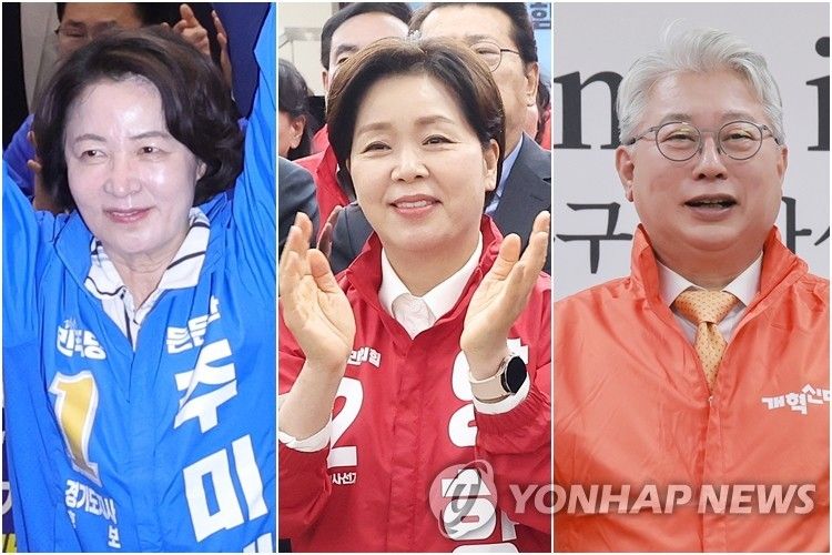 왼쪽부터 더불어민주당 추미애, 국민의힘 양향자, 개혁신당 조응천 경기도지사 후보. 연합뉴스
