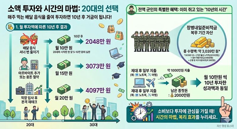 전역 군인이 모아 나온 돈은 월 10만원씩 10년 투자한 결과나 다름 없다. 10년의 시간을 벌어 나오는 셈이다. 제미나이로 생성한 인포그래픽.