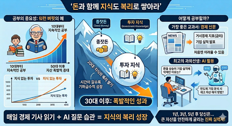 공부를 통해 투자 지식도 복리로 쌓아야 자산을 안정적으로 굴릴 수 있다. 제미나이로 생성한 인포그래픽
