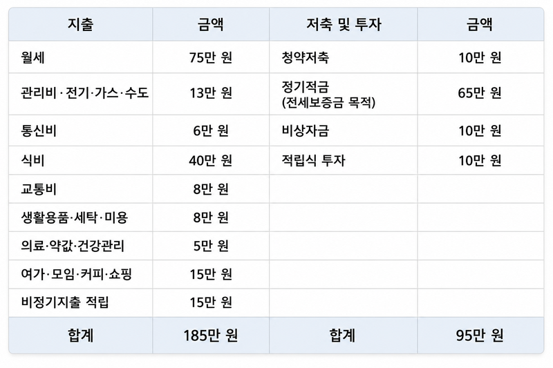 28세 김지훈씨 지출 및 저축 내역. 지출이 많은 경우 월 소득(260만원)을 넘는 경우도 있다.