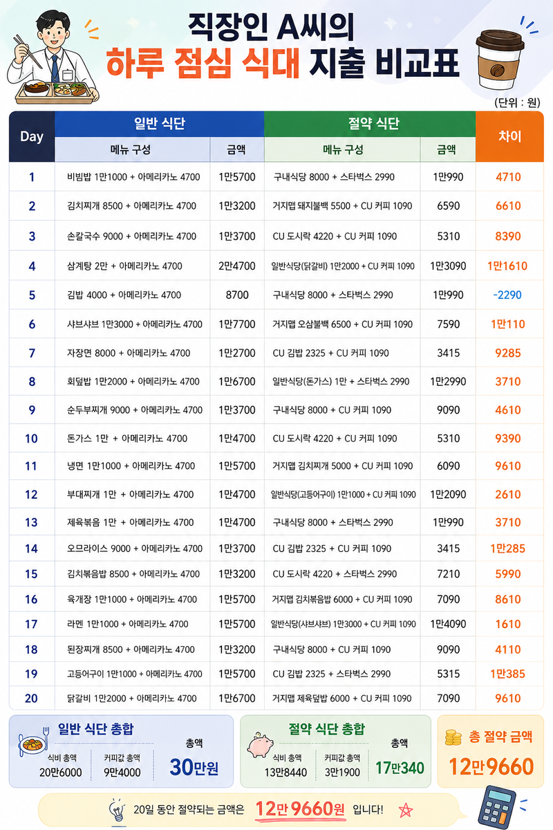 회사가 종로에 있는 직장인 A씨가 한달 20일간 회사 근처에서 식사와 커피를 마시는 가상의 상황으로 일반 식단과 절약 식단으로 구분해 계산한 식비. /그래픽=챗GPT