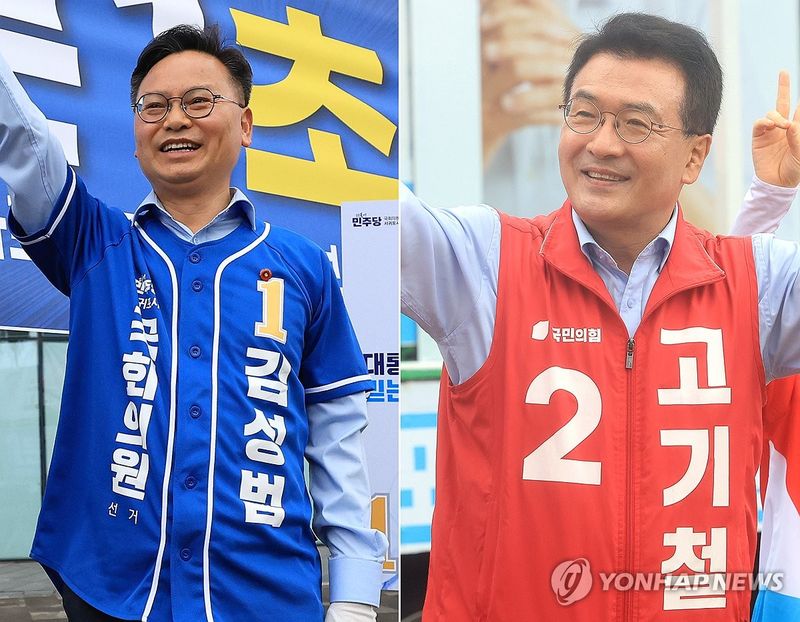 김성범 더불어민주당 서귀포시 국회의원 보궐선거 후보와 고기철 국민의힘 후보. 제주-칭다오 항로 개설 과정의 해양수산부 역할과 손실보전금 문제를 놓고 양측의 책임 공방이 이어지고 있다. /사진=연합뉴스