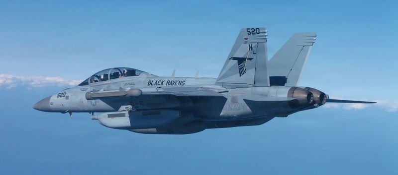 현대 전장의 눈과 귀를 장악하는 미 해군의 EA-18G '그라울러' 전자전기. 적의 레이더망과 주파수를 무력화하는 전자기전 주도권은 국지전 승리와 초연결 통합 전장의 판도를 바꾸는 킬웹(Kill Web) 전장의 핵심 비대칭 전력으로 평가받는다. 미 국방영상정보배포서비스(DVIDS) 캡처