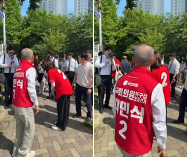 박민식(왼쪽) 후보를 지원 온 김민전 국민의힘 의원이 '오빠' 발언을 하는 장면. /사진=유튜브 김민전TV 캡처