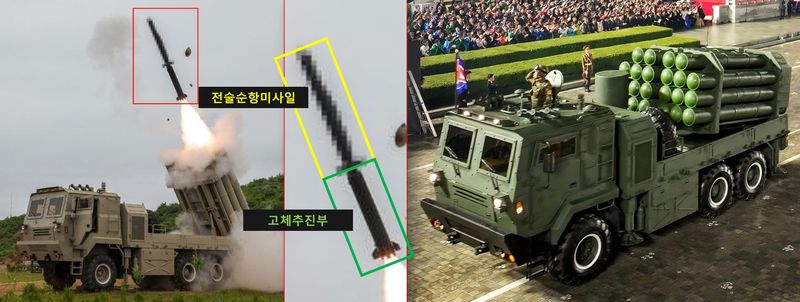 북한의 경량급 다용도미사일발사체계는 지난 2025년 노동당 80주년 열병식에서 첫 공개됐다. 단일 발사대에 240밀리 방사포와 화성-11라 전술탄도미사일 탑재가 가능한 것으로 관측된다. 여기에 북한은 특수임무탄두 확산탄(DPICM)을 탑배해 시험 발사했다고 주장했다. 한국국방안보포럼(KODEF) 제공