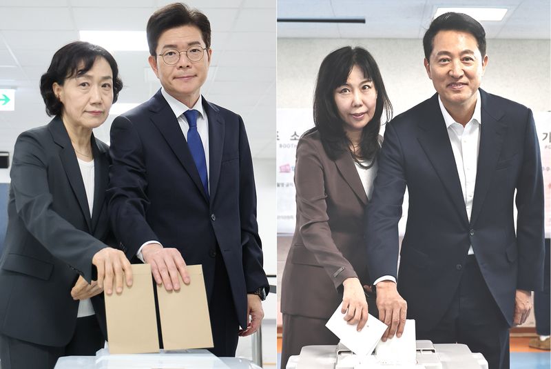 [서울=뉴시스] 황준선 김혜진 기자 = 정원오(왼쪽) 더불어민주당 서울시장 후보 내외와 오세훈 국민의힘 서울시장 후보 내외가 29일 서울 중구 소공동행정복합청사에 마련된 사전투표소와 용산구 한남동 주민센터에 마련된 사전투표소에서 각각 소중한 한표를 행사하고 있다. (사진=뉴시스DB) 2026.05.29. photo@newsis.com