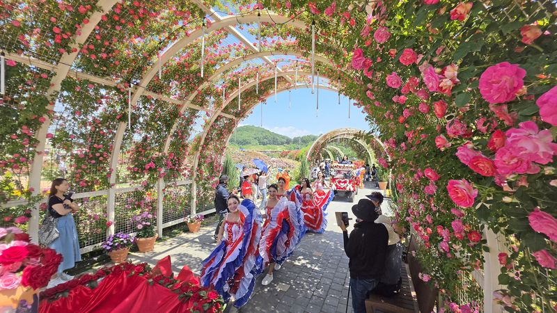 29일 전북 임실군 임실치즈테마파크 장미원에서 열리고 있는 '2026임실N장미축제'를 찾은 관광객들이 화려한 장미를 보며 여유로운 시간을 보내고 있다. 유럽의 이국적인 정취와 18만 송이 장미의 향연이 어우러진 이번 축제는 31일까지 임실치즈테마파크 장미원 일원에서 열린다. (임실군청 제공. 재판매 및 DB금지) 2026.5.29 ⓒ 뉴스1