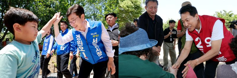 정원오 더불어민주당 서울시장 후보(왼쪽)와 오세훈 국민의힘 서울시장 후보가 각각 30일 서울 성동구 서울숲과 영등포구 여의도 한강공원을 찾아 시민들과 인사를 나누고 있다. 2026.5.30 ⓒ 뉴스1 김진환 기자,이호윤 기자