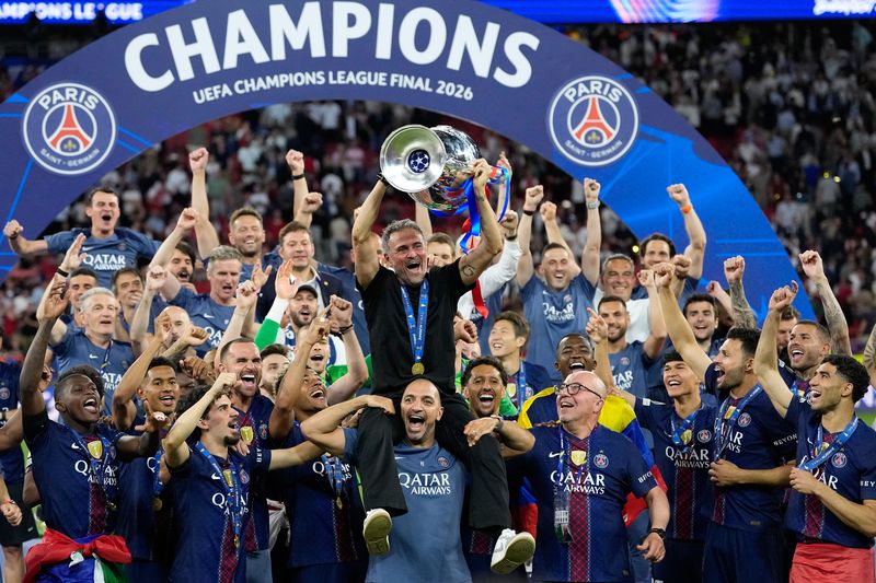 [부다페스트=AP/뉴시스]PSG, UCL 2연패 달성. 2026.05.30. /사진=뉴시스